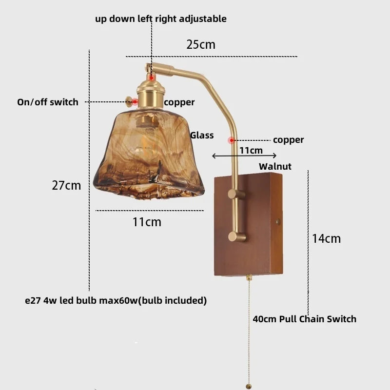 Afralia™ LED Glass & Wood Wall Lamp with Pull Chain Switch for Living Room, Bedroom, Bathroom