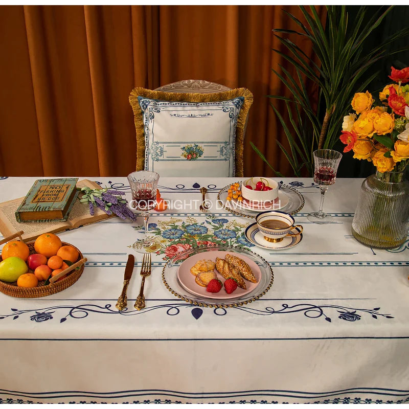 Afralia™ Mediterranean Blue & White Ceramic Print Velvet Tablecloth