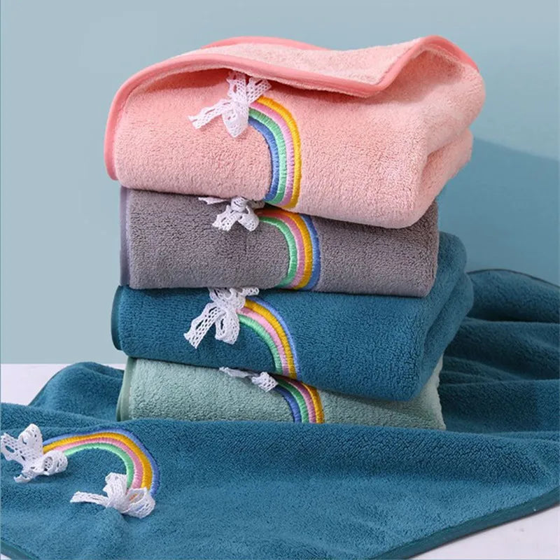 Afralia™ Rainbow Embroidery Coral Velvet Hand Towel for Baby Shower Bath
