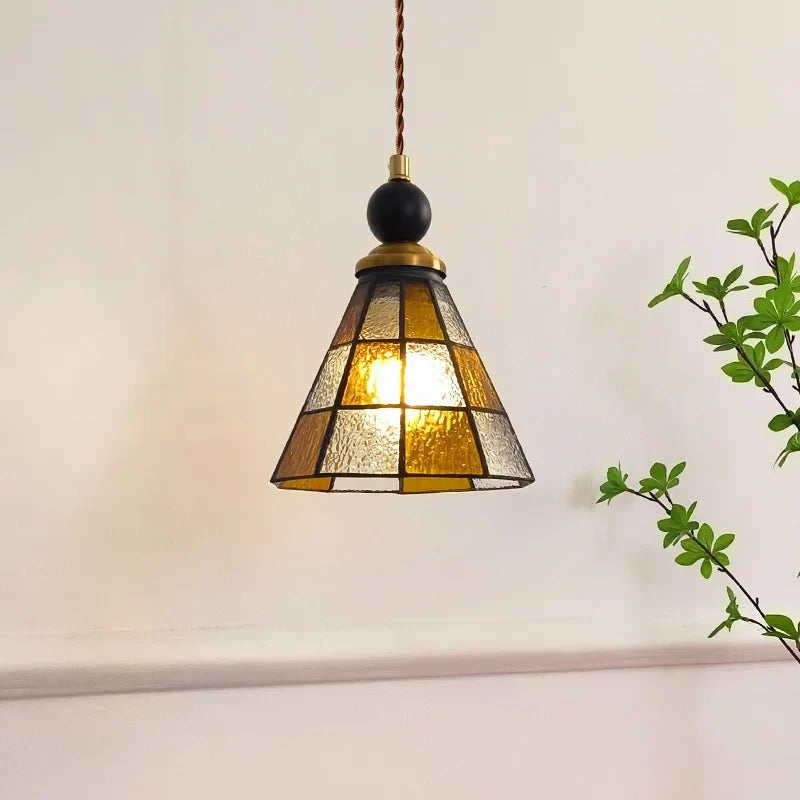 Afralia™ Tiffany Glass Wood LED Pendant Lamp Modern Nordic Hanging Light Fixutre