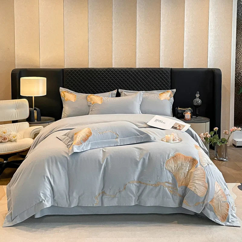 Afralia™ Gold Ginkgo Leaf Embroidery Bedding Set - 100% Cotton Luxury 4Pcs