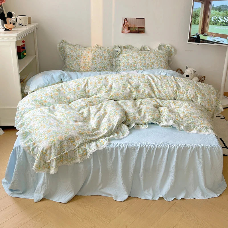 Afralia™ Korean Lace Ruffles Bedding Set with Bed Skirt, Soft Skin-Friendly Material