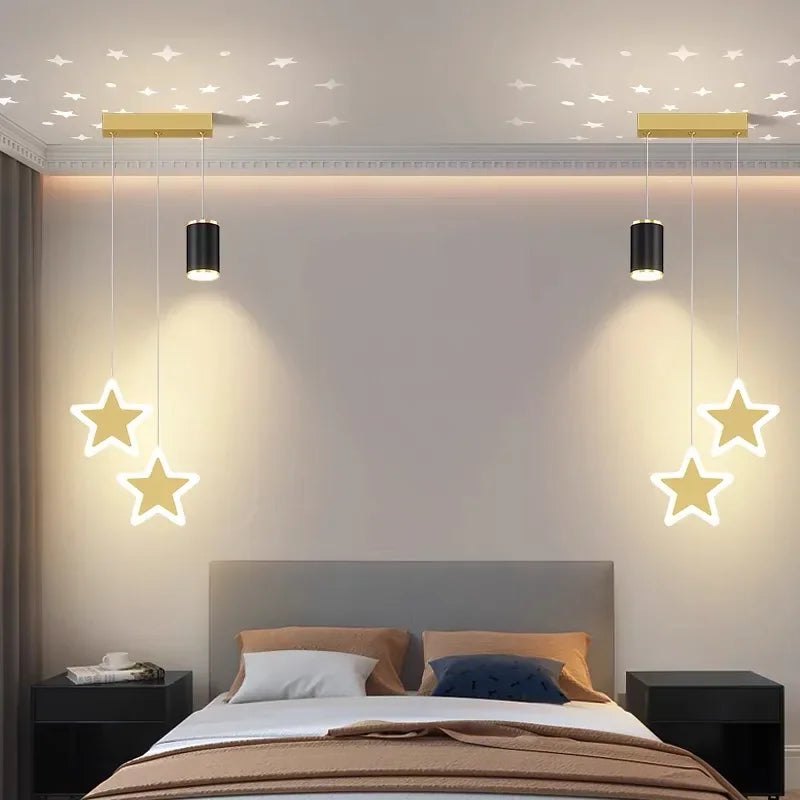 Afralia™ Star Moon Projection LED Chandelier for Bedroom Decor