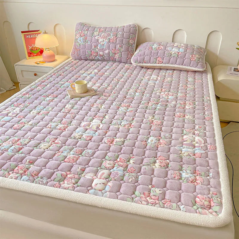 Afralia™ Milk Velvet Printed Mattress Topper: Thick Warm Cartoon Cushion for All Seasons