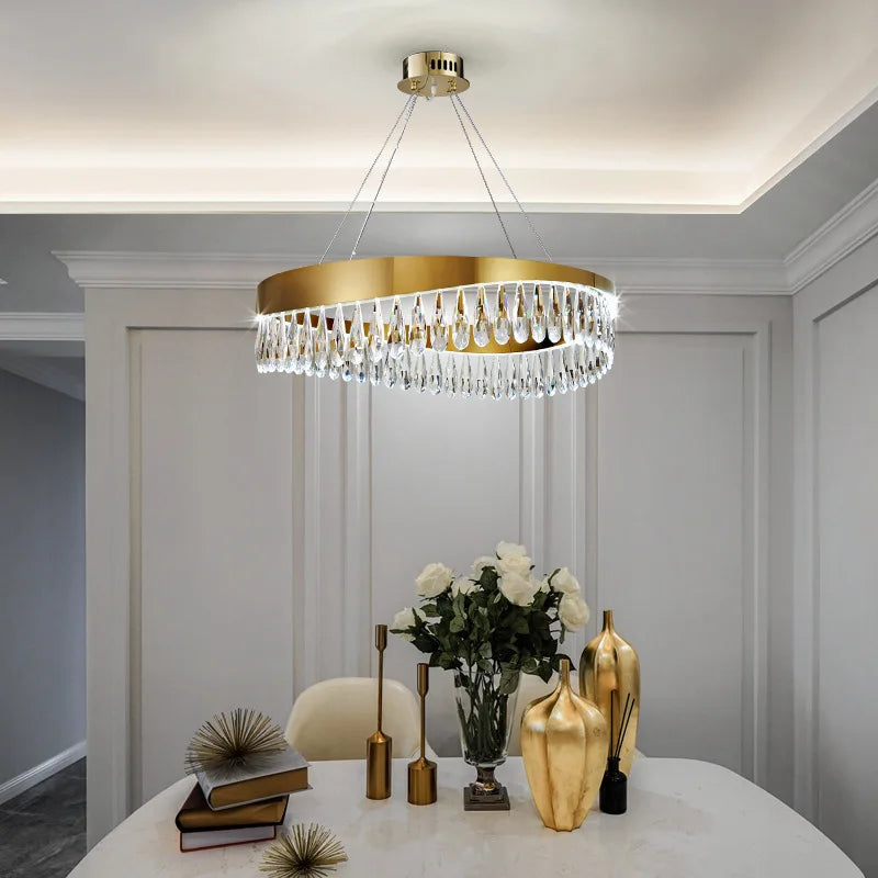 Afralia™ Water Drop Crystal Chandelier: Modern Golden Round Pendant Light for Stylish Ceiling Decor