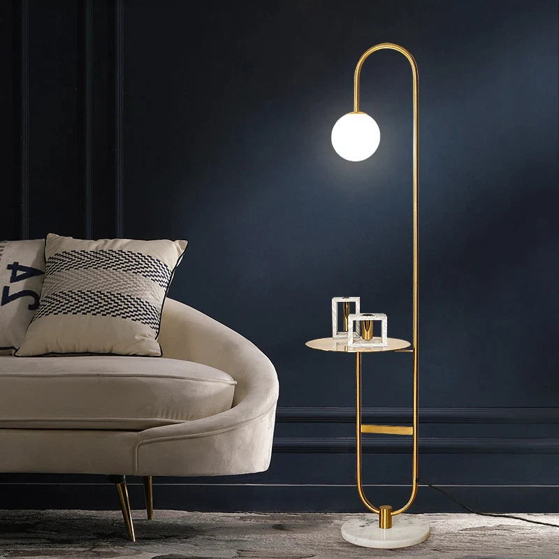 Afralia™ Nordic Gold Black LED Floor Lamp with Table for Living Room