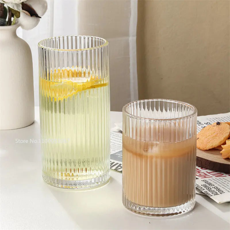 Afralia™ Striped Glass Coffee Cups Set - Transparent Drinkware for Coffee, Tea, Wine, and More