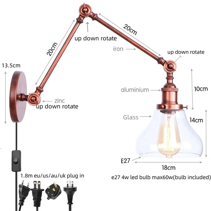 Afralia™ Vintage Loft LED Wall Light - Industrial Glass Iron Lamp