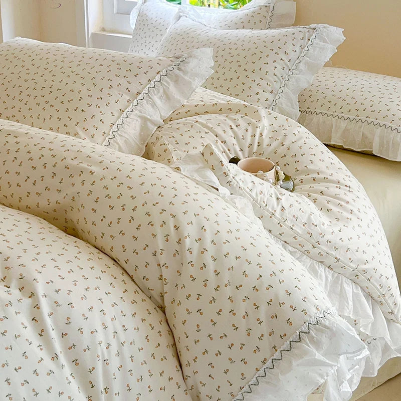 Afralia™ Floral Lace Ruffle Cotton Bedding Set with Quilt Cover, Duvet Cover, and Pillowcases