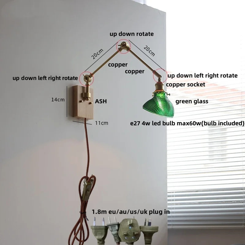 Afralia™ Nordic Green LED Swing Arm Wall Lamp Sconce Glass Walnut Wood Mirror Light
