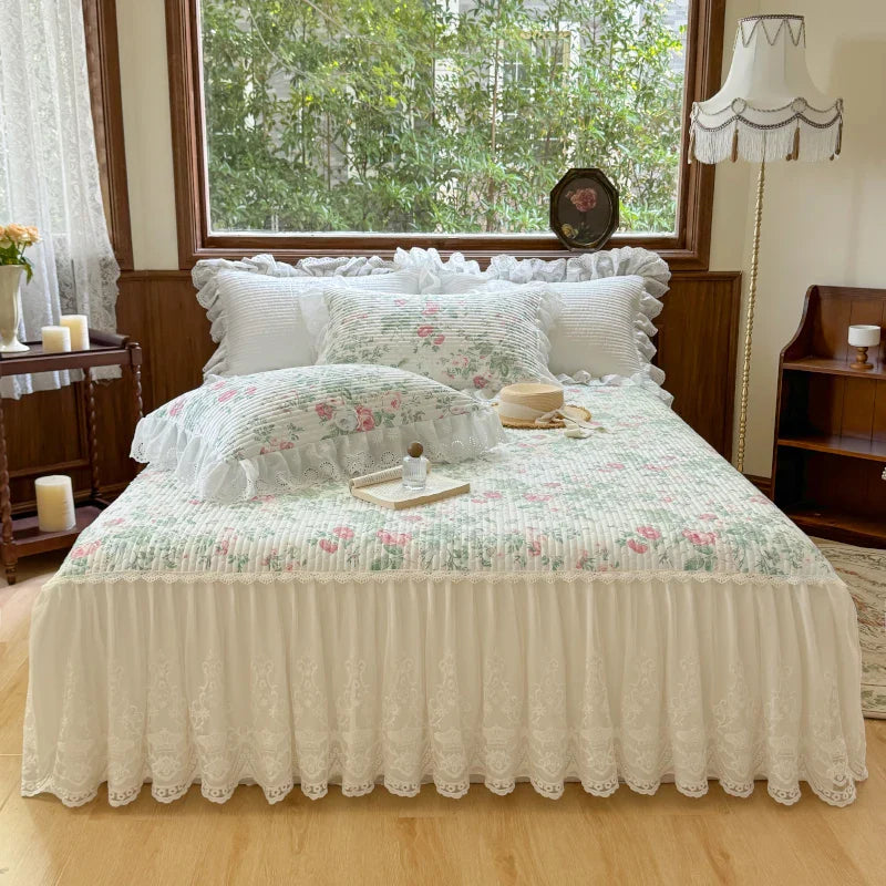 Afralia™ Lace Ruffles Bed Skirt Set with Pillowcases for 1.2-2M Beds