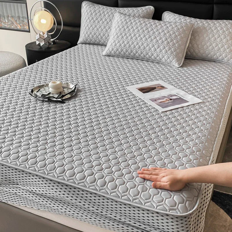 Afralia™ Queen Size Cooling Fitted Sheet Set - Soft Latex Ice Silk Mat & Pillowcase