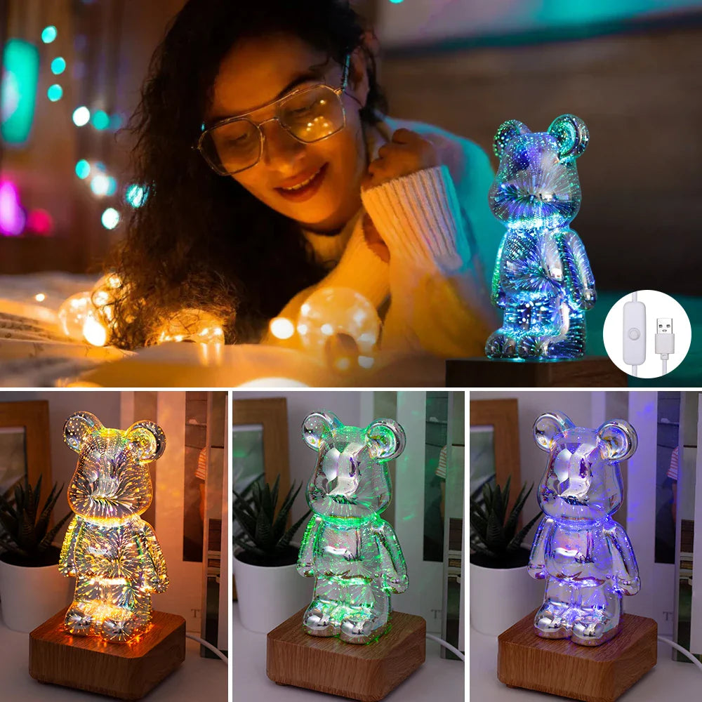 Afralia™ 3D Firework Bear Night Light - Color Changeable LED Lamp for Bedroom & Kids Gift
