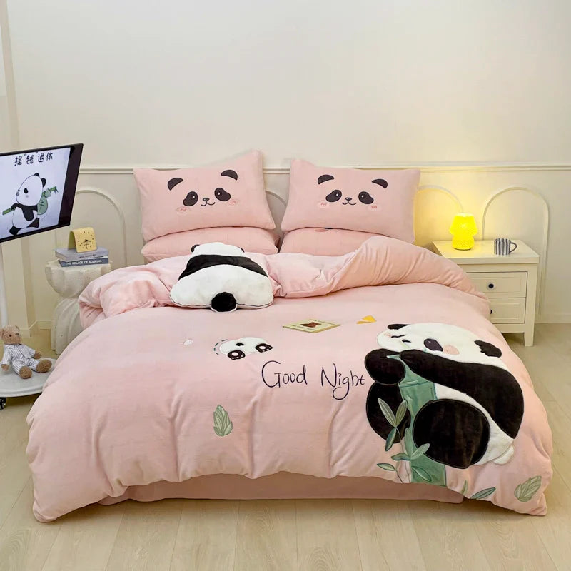 Afralia™ Pink Panda Applique Embroidery Bedding Set Double Queen Duvet Cover Bed Sheet Pillowcases