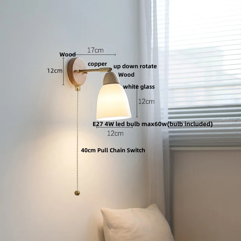 Afralia™ Wood Canopy LED Wall Sconce White Glass Nordic Modern Bedside Lamp