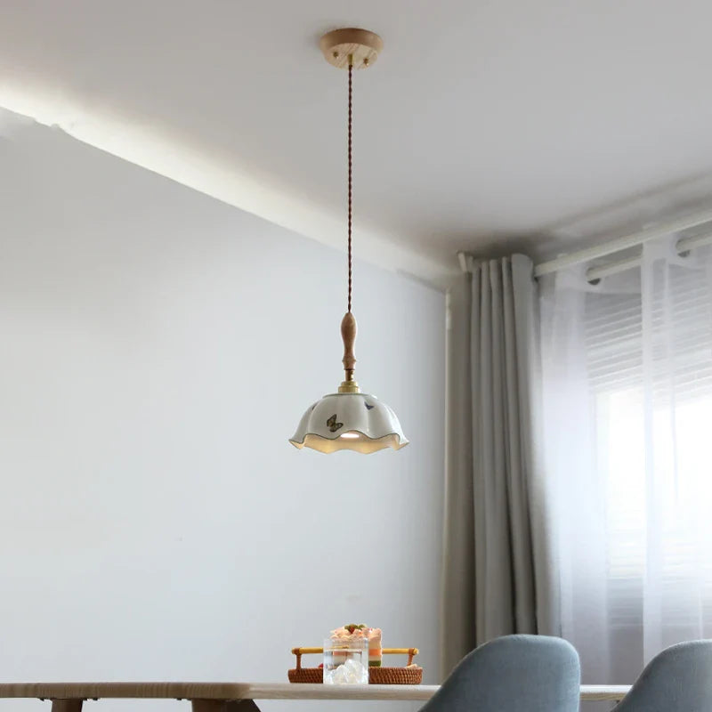 Afralia™ Butterfly Ceramic LED Pendant Lamp with Wooden Handle for Home Decor