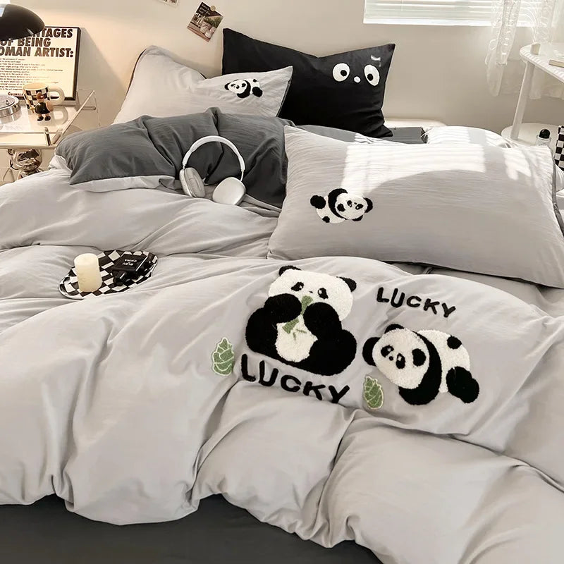 Afralia™ Panda Embroidery Washed Cotton Comforter Set with Fitted Sheet
