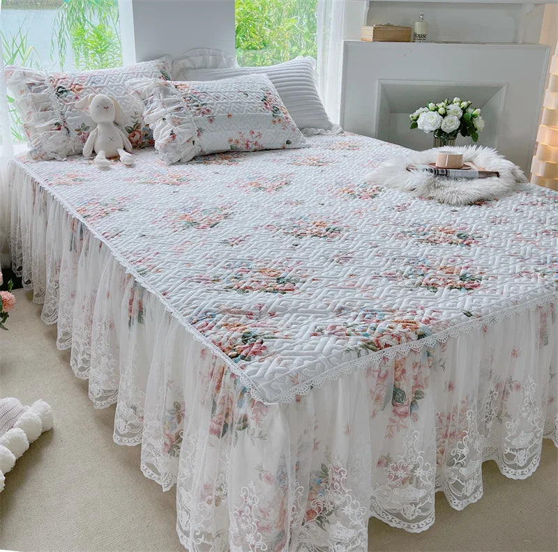 Afralia™ French Floral Print Bedding Set: Duvet Cover, Lace Ruffles, Quilted Embroidery, Pillowcases