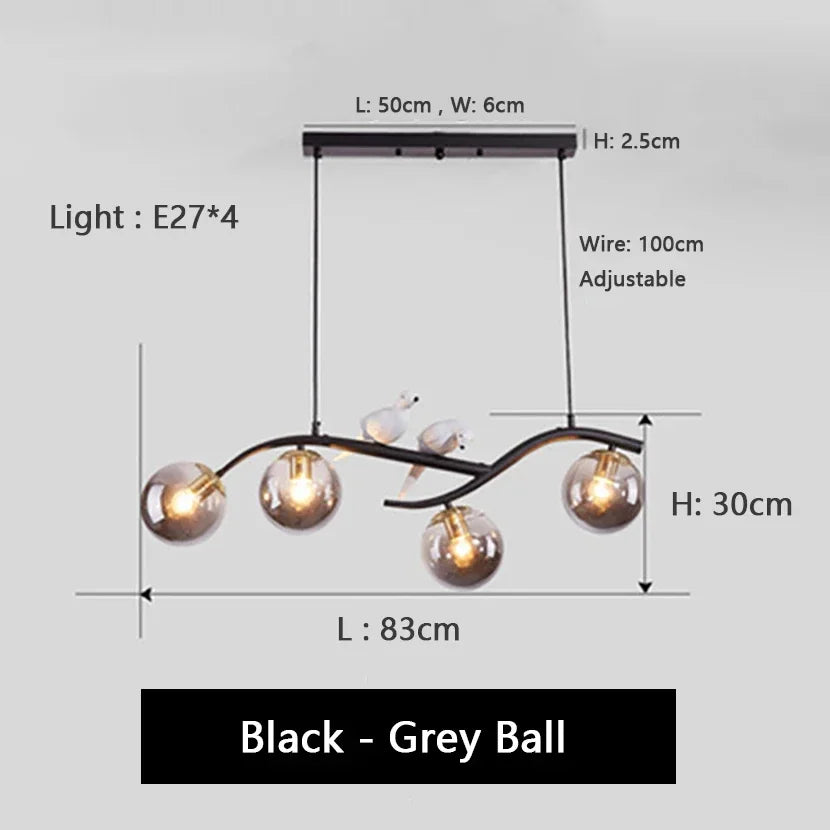 Afralia™ Birds Hanging Glass LED Chandelier in Black & Gold Iron - Modern Kitchen Island Light