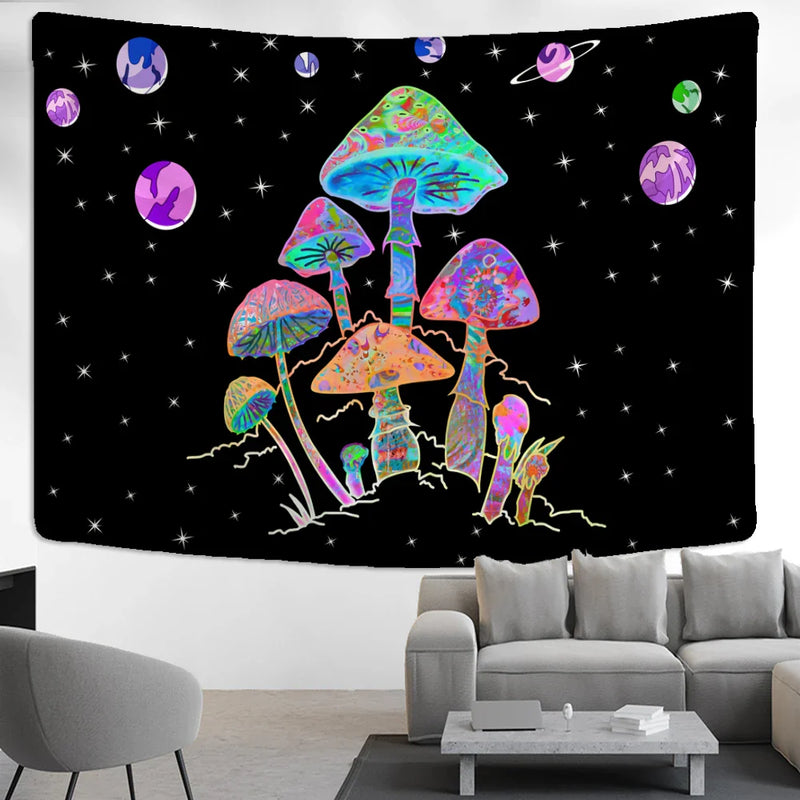 Afralia™ Cartoon Planet Mushroom Tapestry Wall Hanging for Psychedelic Room Decor