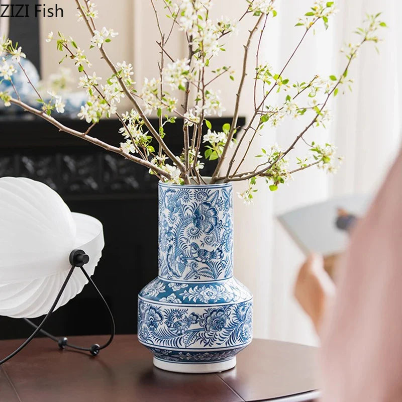 Blue & White Porcelain Vase with Flower & Bird Patterns by Afralia™: Elegant Table Decoration & Plant Pot