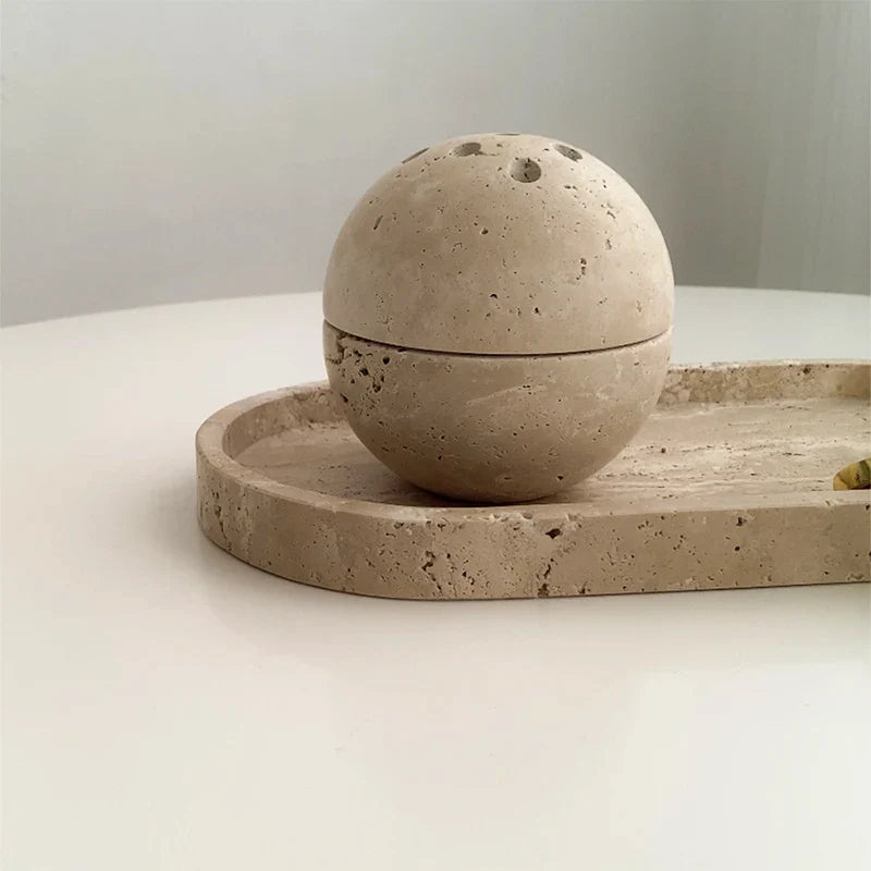 Afralia™ Marble Stone Fragrance Diffuser Travertine Sphere Incense Burner with Tray