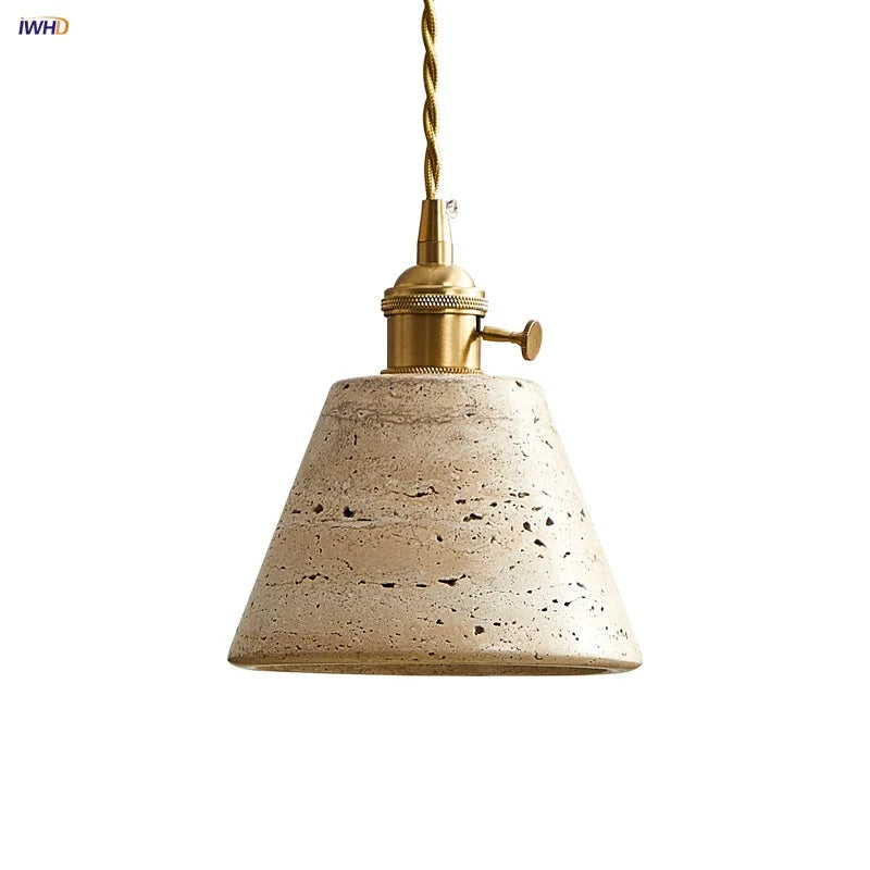 Afralia™ LED Knob Switch Pendant Lamp Yellow Travertine Copper Wabi Sabi Hanging Lights