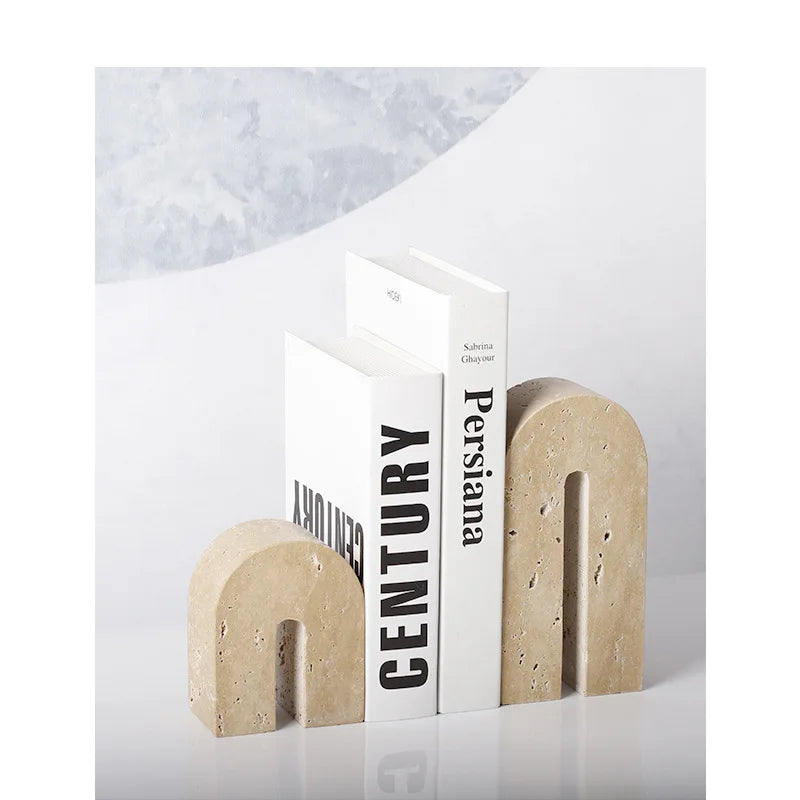 Afralia™ Beige Travertine Stone Bookends - Luxury Vintage Book Holder Decor