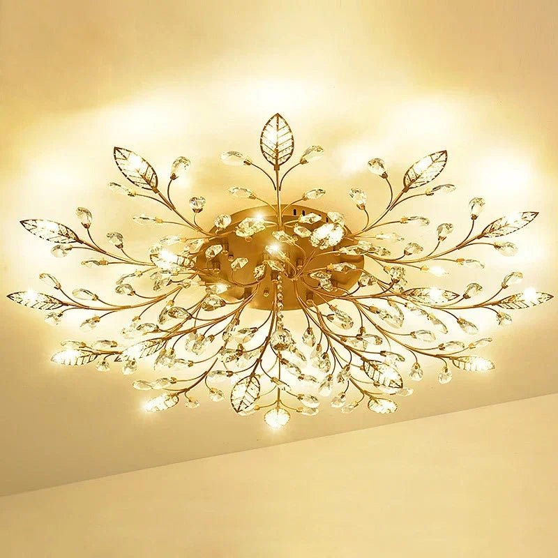Afralia™ Modern Black Gold Leaves Crystal LED Ceiling Lamp for Living Room Bedroom