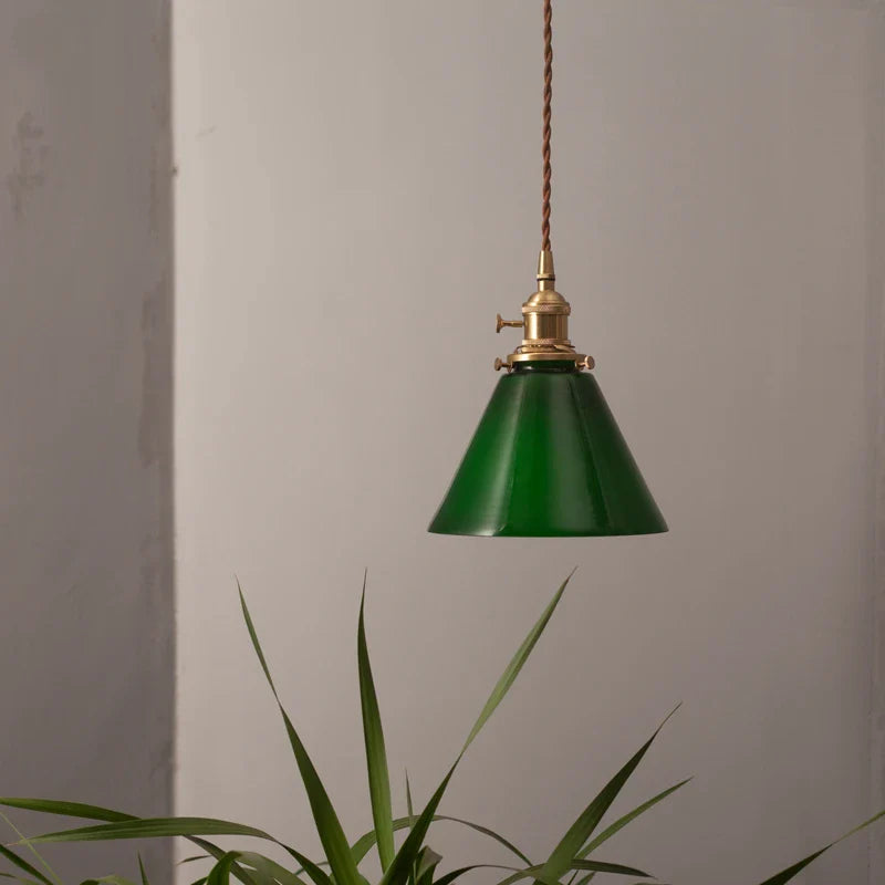 Afralia™ Triangle Green Glass LED Pendant Lights: Vintage Copper Hanging Lamp for Home Decor