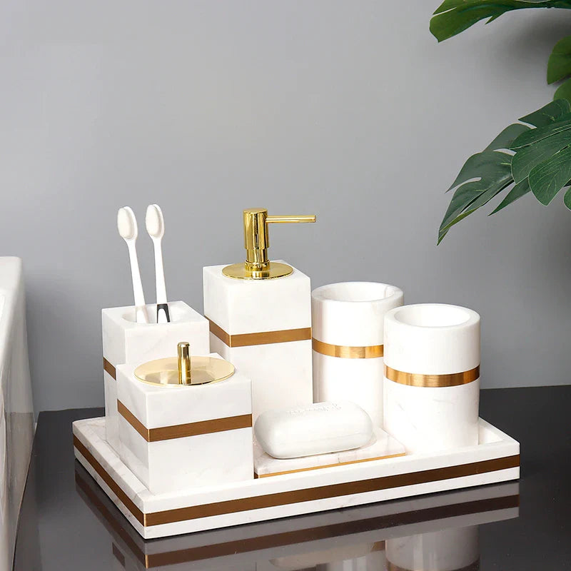 Afralia™ Volakos White Marble Bathroom Set with Golden Accents