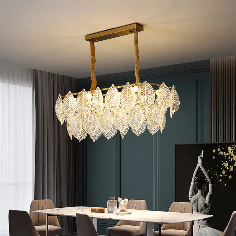 Afralia™ Leaf Glass Chandelier Pendant Light Luxury Dining Room Ceiling Fixture