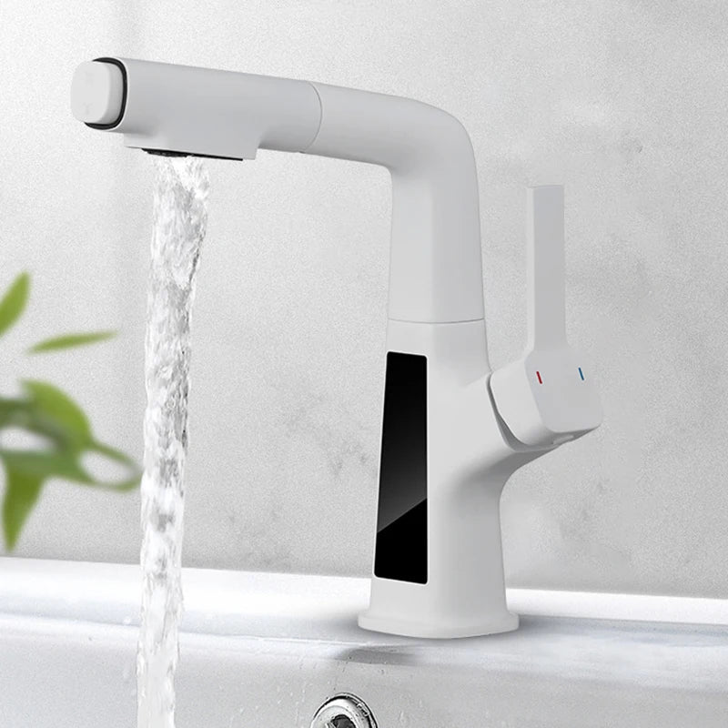 Afralia™ Smart Digital Display Bathroom Faucet: Brass Basin Taps for Hot Cold Water, Pull Out Lifting