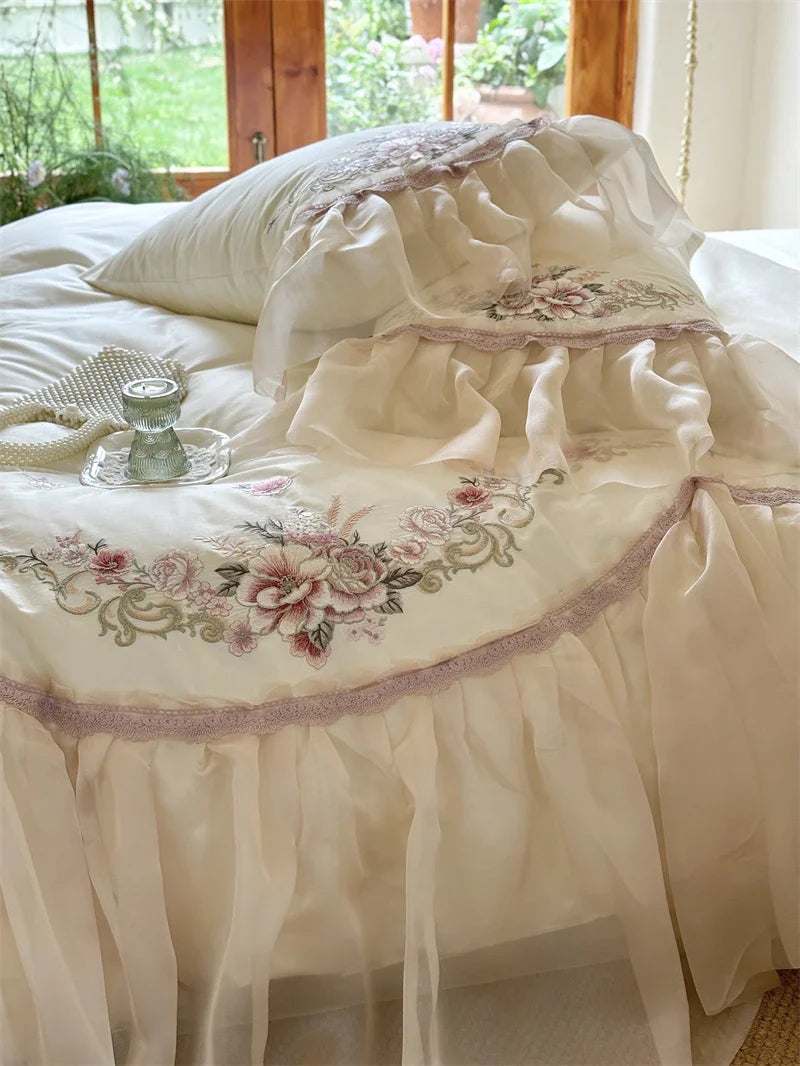 Afralia™ Elegant Flowers Embroidery Lace Princess Wedding Bedding Set - 1200TC Cotton Duvet Cover