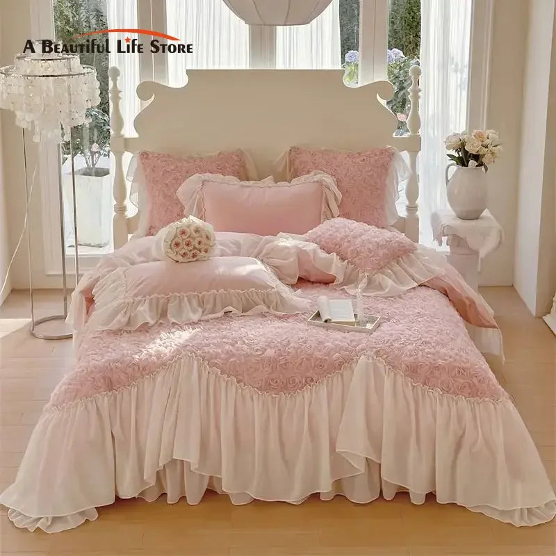 Afralia™ Pink Rose Flowers Lace Ruffles Bedding Set, Duvet Cover, Sheet, Pillowcases