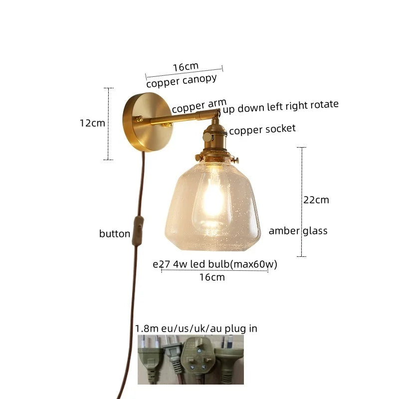 Afralia™ Copper Glass Knob Switch LED Wall Light, Nordic Modern Bedside Lamp