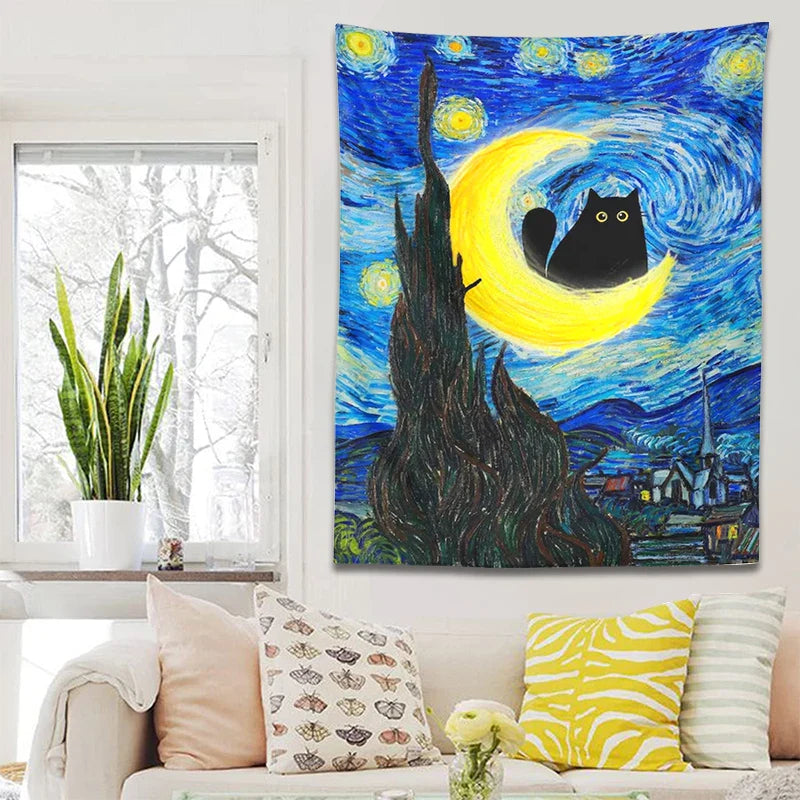 Afralia™ Starry Night Cat Tapestry Moon Cat Art Blanket Wall Hanging