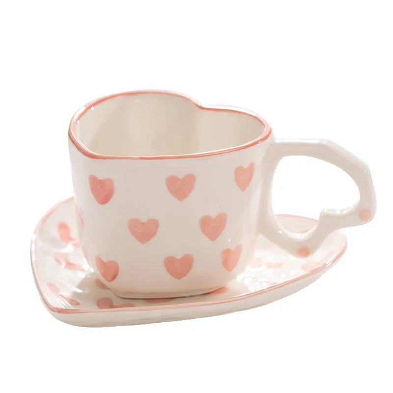 Afralia™ 250ml Coffee Cup and Saucer Set with Heart Handle Hand-painted Pink Hearts