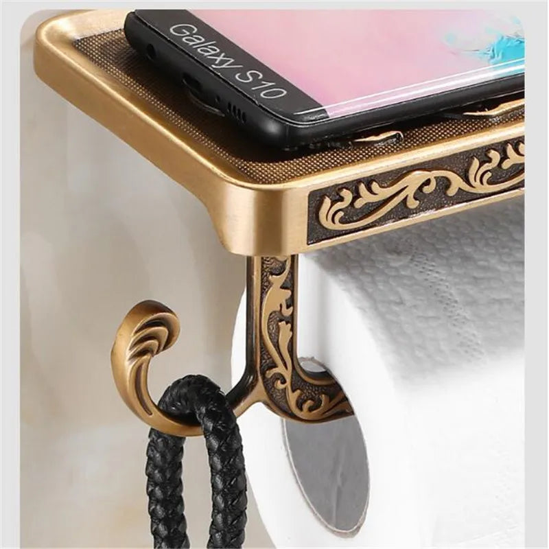 Afralia™ Antique Black Toilet Paper Holder with Phone Shelf