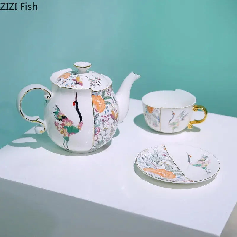 Fairy Crane Pattern Ceramic Tea Set with Gold-plated Accents by Afralia™