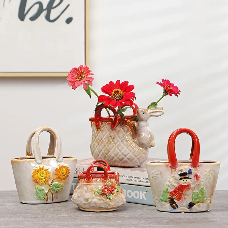 Afralia™ Ceramic Vase Handbag Embossed Flower Arrangement Home Decoration