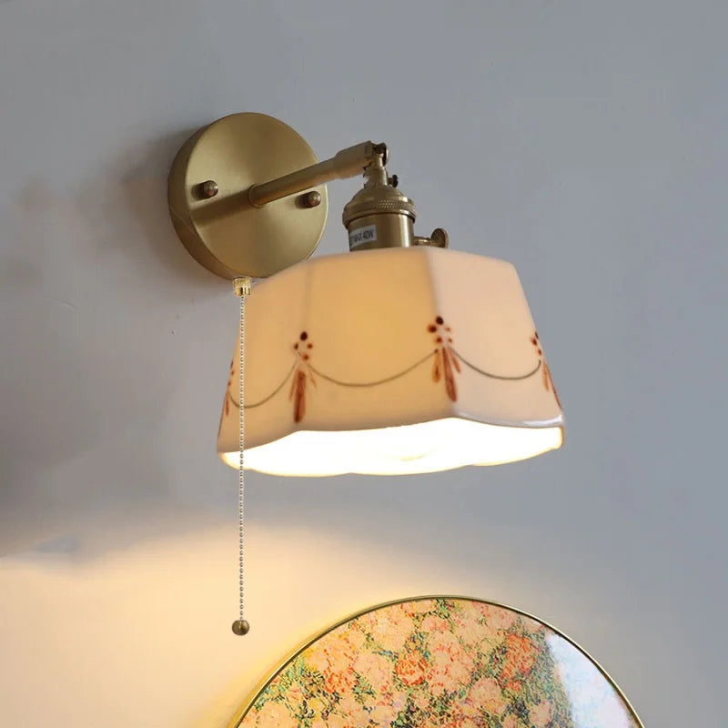 Afralia™ Ceramic Brass LED Wall Light Fixture Pull Chain Switch Bedside Lamp Sconce