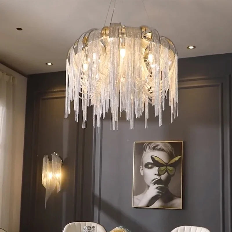 Afralia™ Nordic Tassel Chain Chandelier Chrome Metel Luxury Light for Living Room