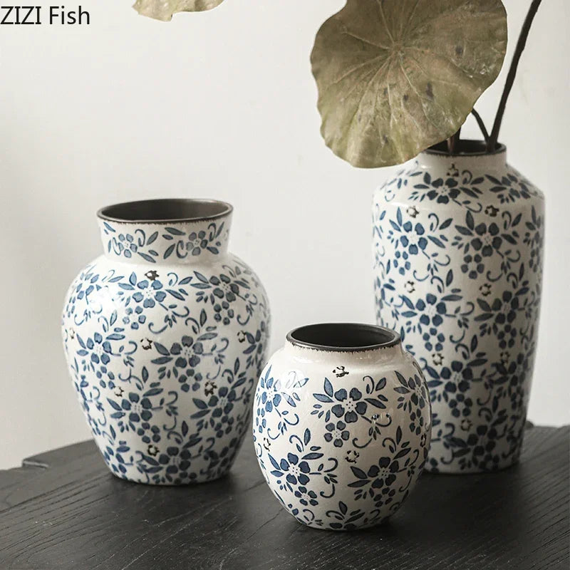 Afralia™ Blue White Porcelain Vase Hydroponic Ceramic Flower Pot Room Decor