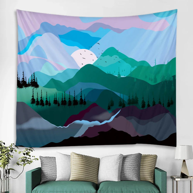 Afralia™ Nordic Mountains Sunrise Forest Tapestry: Boho Wall Decor for Home, Yoga, and More