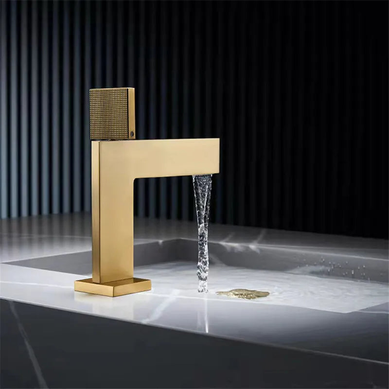 Afralia™ Brushed Gold Brass Bathroom Basin Faucet Single Handle Cold Hot Water Sink Tap