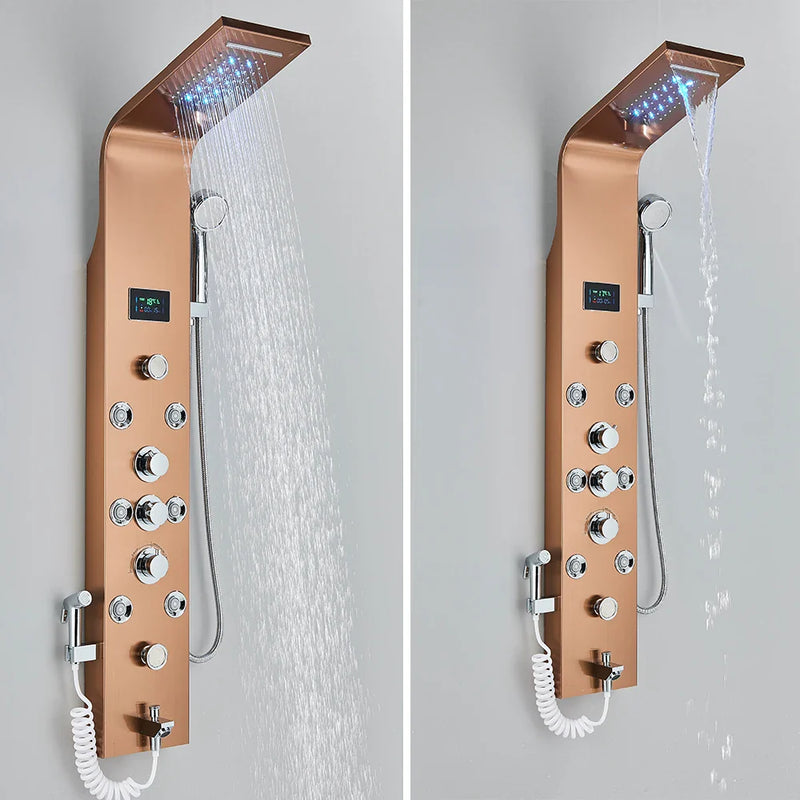 Afralia™ Rose Gold LCD Shower Panel 6 Modes Rain Waterfall Massage Jet Mixer Tap