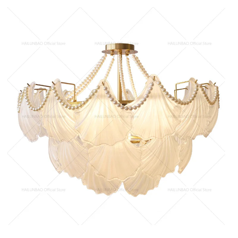 Afralia™ Pearl Crystal Chandelier for Dining Living Bedroom, Elegant French Shell Glass Light