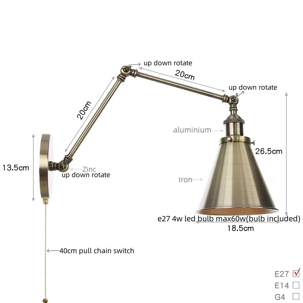 Afralia™ Silver Iron LED Swing Arm Wall Lights, Industrial Style, Plug-In, Stair & Bedside Lamp