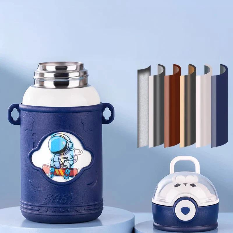 Afralia™ Kids' Cartoon Straw Water Thermos Bottle Stainless Steel Thermal Cup